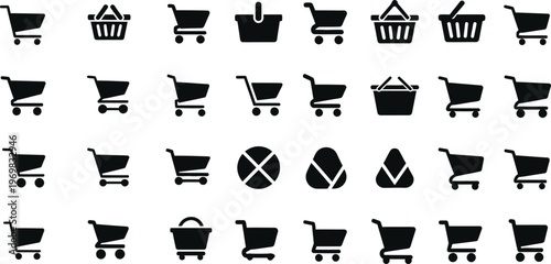 Collection of black shopping cart icons in various styles