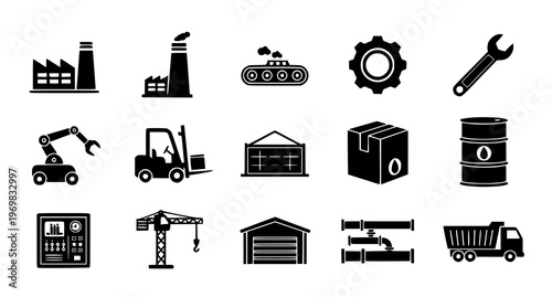 Factory industrial black silhouette icon set in horizontal row with machinery and production elements flat vector