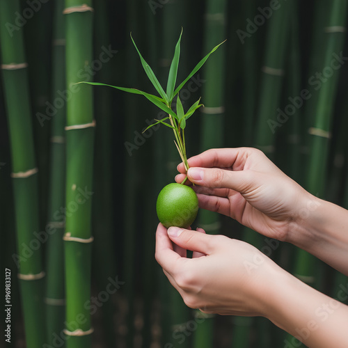 Hands holding a green fruit with bamboo leaves in front of bamboo stalks.