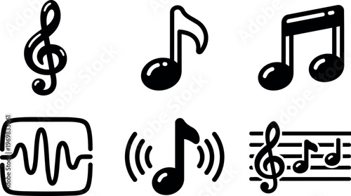 Black music note and treble clef icons set with sound wave and staff line illustration