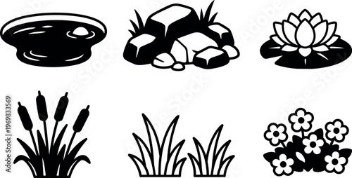 Black and white flat design garden pond rocks lotus cattail grass flowers