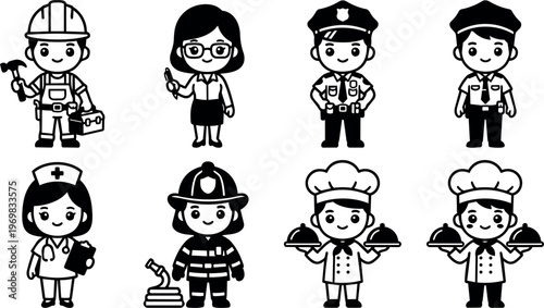 Various professions with tools and uniforms