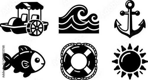 Black and white flat design paddle boat wave anchor fish lifebuoy sun icons