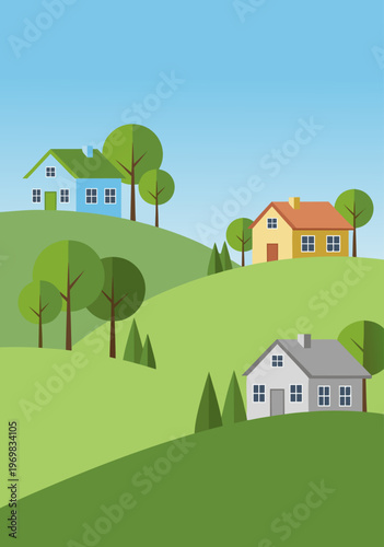 Charming suburban landscape vector illustration with houses nestled on green rolling hills under a clear blue sky