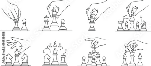 Black and White Line Art Illustrations of Chess Moves with Hands, Chess Pieces, and Strategic Game Actions