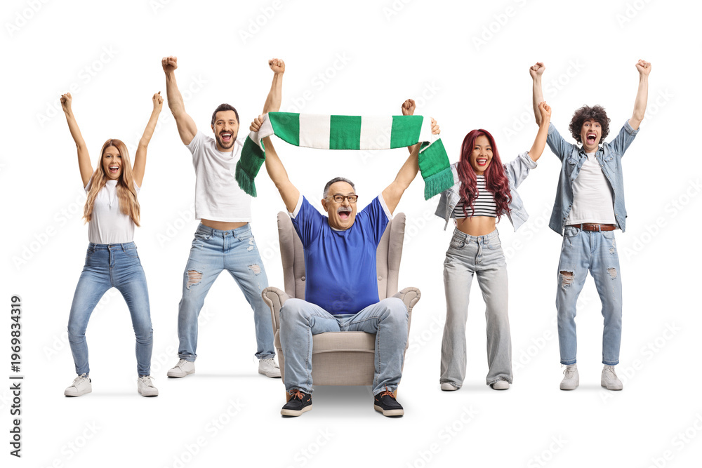 Fototapeta premium Group of diverse football fans cheering with a green and white scarf