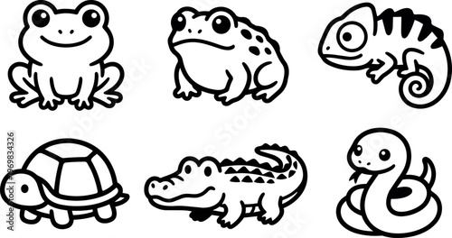 Cute cartoon frog toad chameleon turtle crocodile and snake