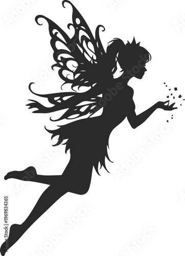Flying fairy silhouette with butterfly wings and magic dust, mythical creature vector illustration