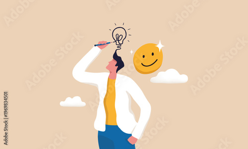 Creative Thinking and Positive Mindset Concept with a man drawing a light bulb on his head.