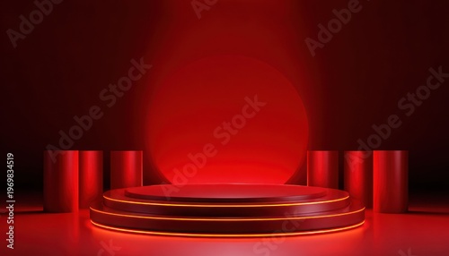Futuristic red neon podium stage with glowing rings luxury product display