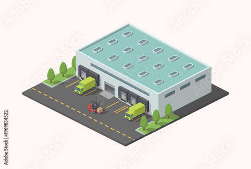 Isometric modern warehouse vector. Delivery trucks at loading docks, forklift moving boxes. Perfect for logistics and supply chain design
