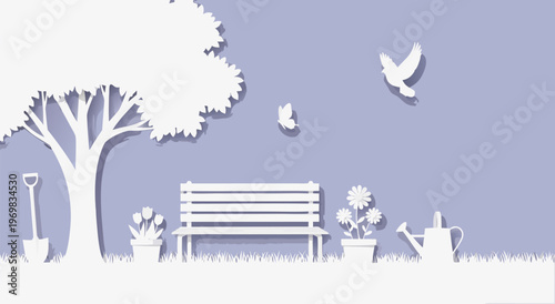 Serene Garden Scene Vector Illustration Bench, Flowers, Watering Can, and Tools