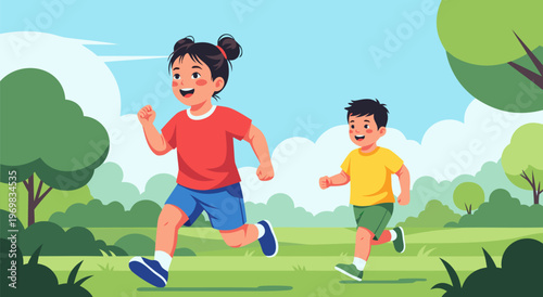 Happy young boy and girl running in a park vector illustration, active children enjoying outdoor playtime on a sunny day