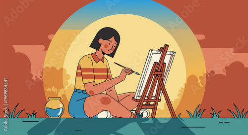 Beautiful vector illustration of a young woman artist painting a canvas on an easel outdoors during sunset with natural elements in the background, concept art