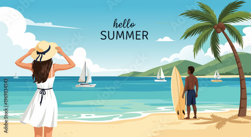 Vector illustration of a happy summer holiday on a sandy beach with a couple enjoying the ocean and tropical palm trees