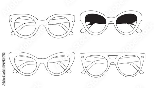 Set of four different style outline sunglasses for women on white background.