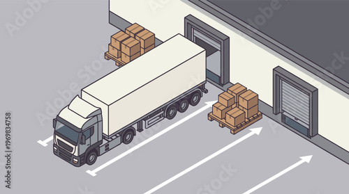 Isometric vector illustration of a logistics truck at a warehouse loading dock, ready for delivery or shipping