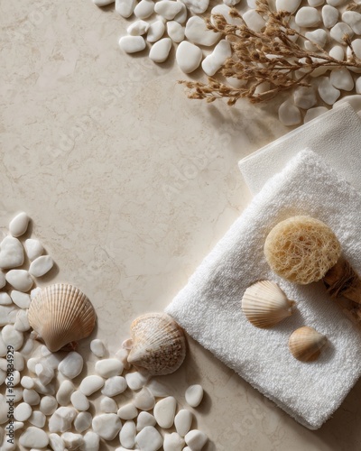 White pebbles and seashells with a towel, washcloth, and sponge on a beige background for a spa concept. 
