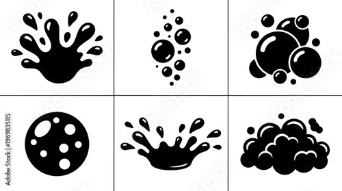 Black splash bubbles and foam icons set in flat design