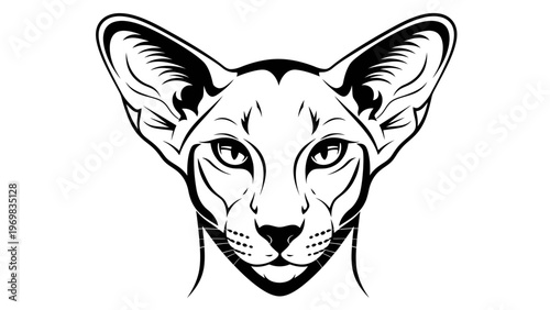 Elegant Oriental Shorthair Cat Face Portrait, Black and White Line Art, Minimalist Design