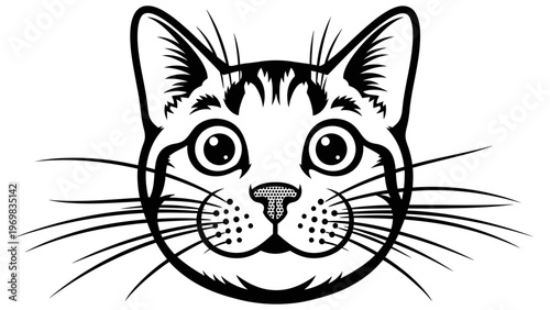 Cute Cat Face Illustration, Black and White Line Art, Whiskers, Big Eyes, Tabby Markings