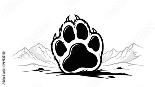 Bear Paw Print in Snowy Mountain Landscape, Wildlife Symbol, Wild Nature