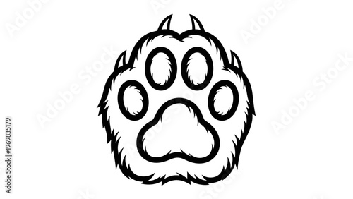 Black and White Paw Print Icon with Claws and Fur Texture - Wild Animal Footprint Symbol