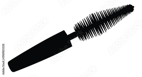 Black mascara wand displayed against a white background striking silhouette