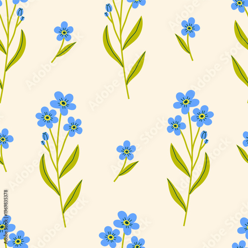 Seamless floral pattern with blue forget-me-not flowers and green leaves on beige background. Hand drawn vector iilustration for textiles, wallpapers, wrapping paper.