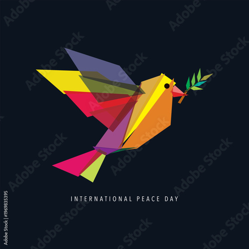 Abstract colorful peace dove with olive branch geometric shapes overlap and transparency on dark square background