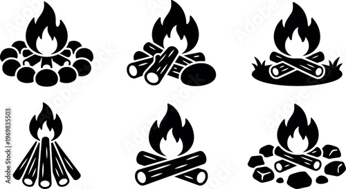 Black and white campfire icons with logs and stones in flat design