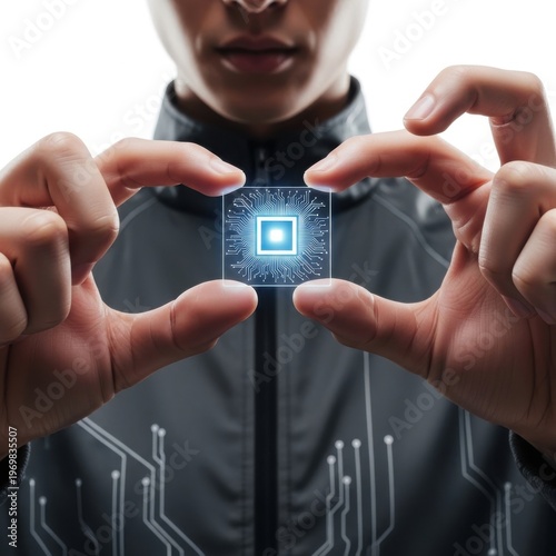 A man holding a small blue microchip in his hands isolated on white background