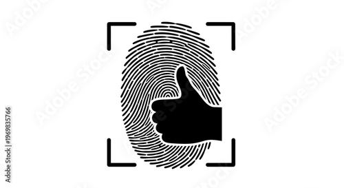 Fingerprint with thumbs-up symbol in black and white design  