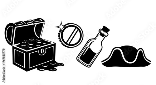 Treasure chest overflowing with gold coins, bottle, and pirate hat  