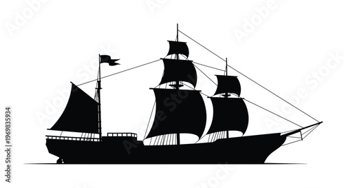 Detailed black silhouette of a historic sailing ship with full rigging silhouette