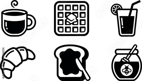 Black and white line art breakfast food icons coffee waffle juice honey toast croissant