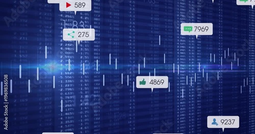 Deep-blue matrix opening, badges appearing over candlestick chart, mapping live engagement metrics