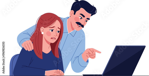 Man pointing at laptop screen with concerned woman beside him