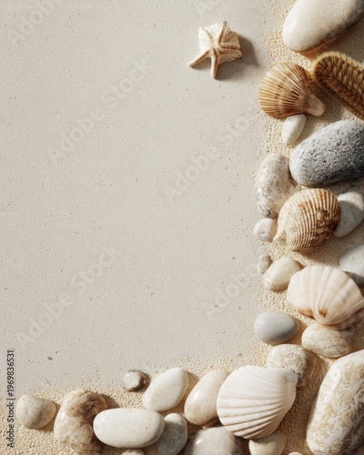 White sandy background with shells and stones on the right, creating empty space for text or design.
