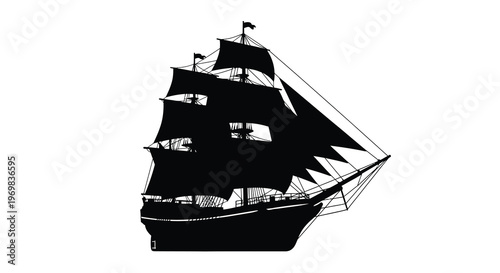 Detailed tall ship with full sails presented as a striking black silhouette