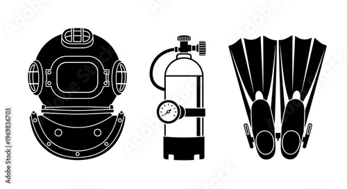 Diving equipment including helmet, tank, and fins in monochrome design  