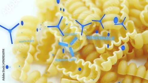 On load blue rotors rising over ruffled pasta, dots falling, text fading, forming green emblem