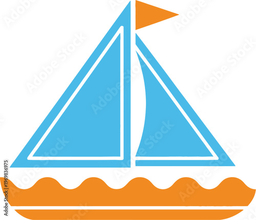 Simple sailboat icon with blue sails and orange hull