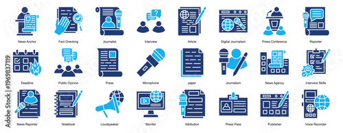 news reporter Icon Set Collection Pack Banner Web Vector Illustration  Concept. Containing News Anchor, Fact Checking, Journalist, Interview, Article, Digital Journalism icon