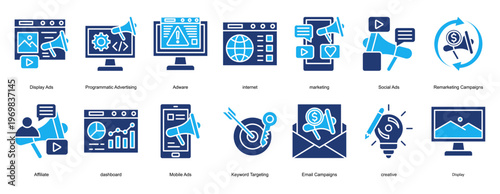 programmatic advertising Icon Set Collection Pack Banner Web Vector Illustration  Concept. Containing Adware, internet, marketing, Social Ads, Remarketing Campaigns, Affiliate icon