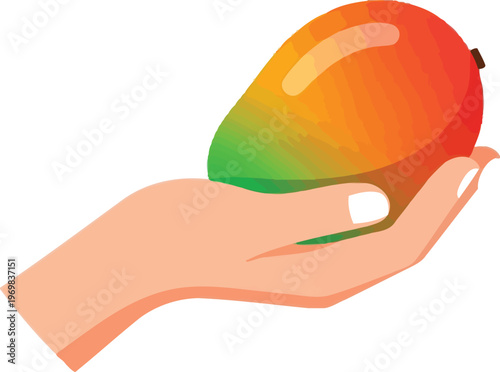 Hand holding a colorful mango fruit illustration