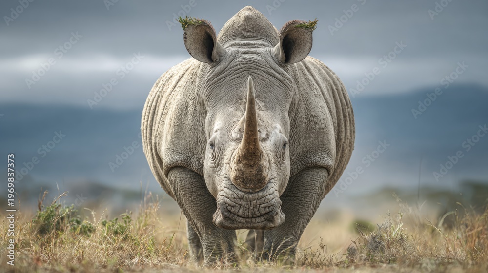 Fototapeta premium gray rhinoceros standing in savannah with cloudy sky