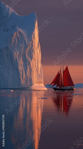 sailing boat near iceberg at sunset