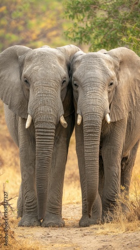 Two african elephants standing together in savannah