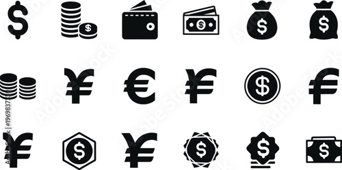 Currency and money icons collection in black and white